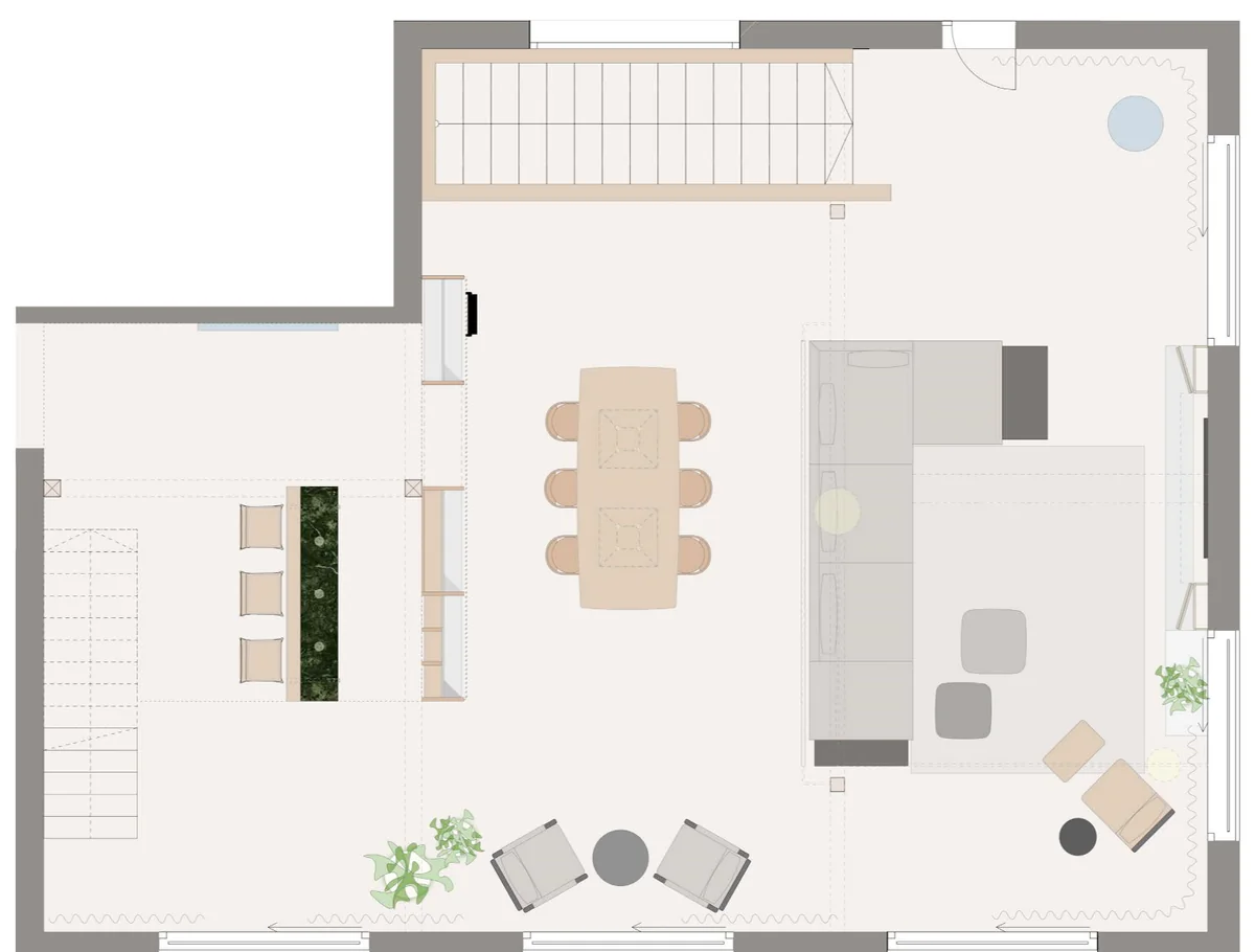 Grundriss des Wohnzimmer-Lofts mit den vier Zonen Living, Dining, Bar sowie Work, Read und Play.