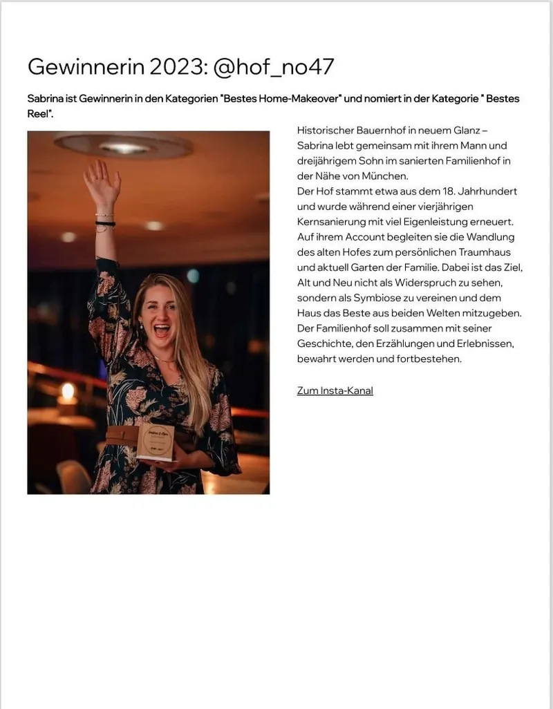 Originalausschnitt des Garden & Home Blog Awards: Gewinnerin 2023, @hof_no47, Bestes Home-Makeover.
