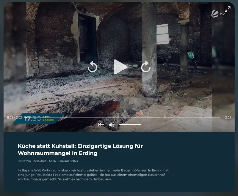 Original-Standbild zum SAT.1-Beitrag „Küche statt Kuhstall“ über den hof 47.