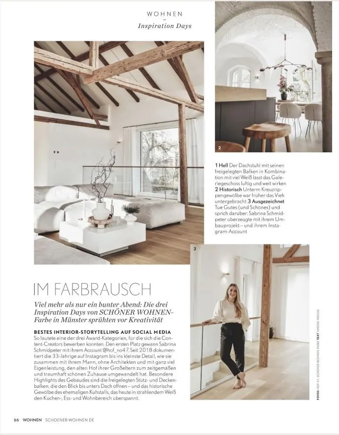 Original-Magazinseite aus Schöner Wohnen: „Im Farbrausch“, mit Fotos aus dem Gewölbe und dem Wohnzimmer-Loft und Sabrina beim Award.
